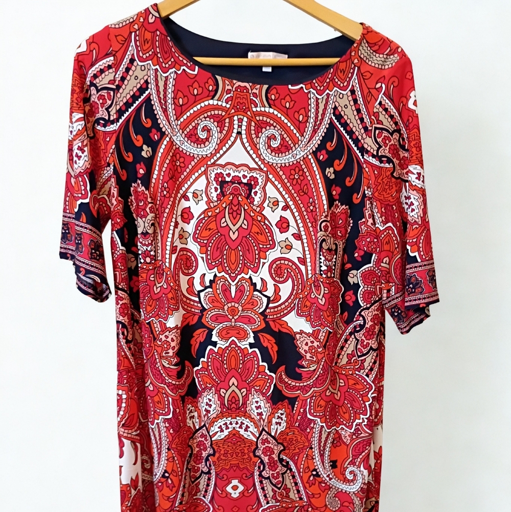 Signature Camryn Red Black Size 14W Printed Liquid Knit 1/2 Sleeve Dress